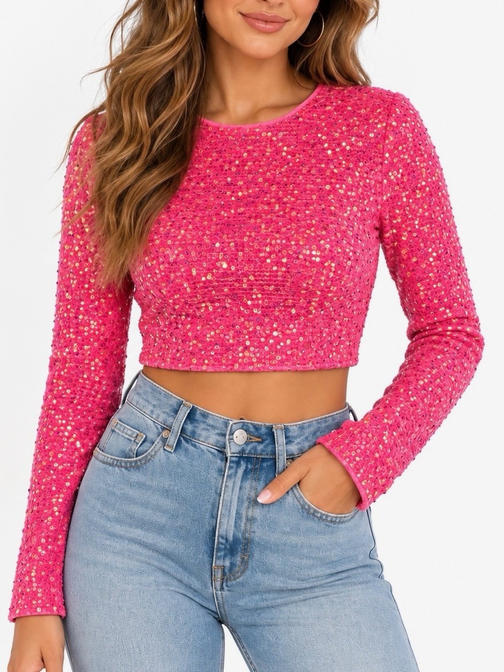 SHEIN Hot Pink Sequined Long Sleeve Crop Top Blouse Size Large
